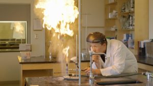 SFC Upper School teacher, demonstrates the effects of increased oxegyn in flour with a large burst of flames.